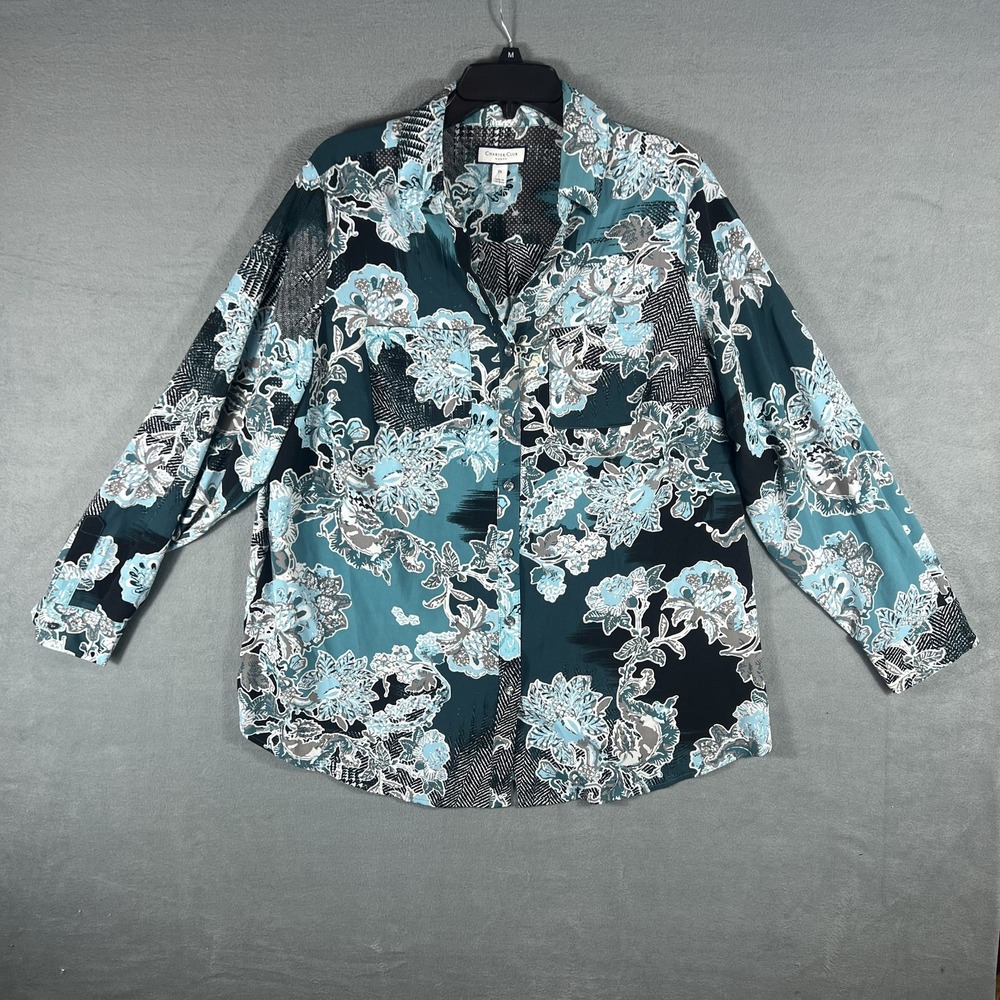 Charter Club Woman Plus Size 1X Floral Button-Up Blouse Top Teal Blue Grey